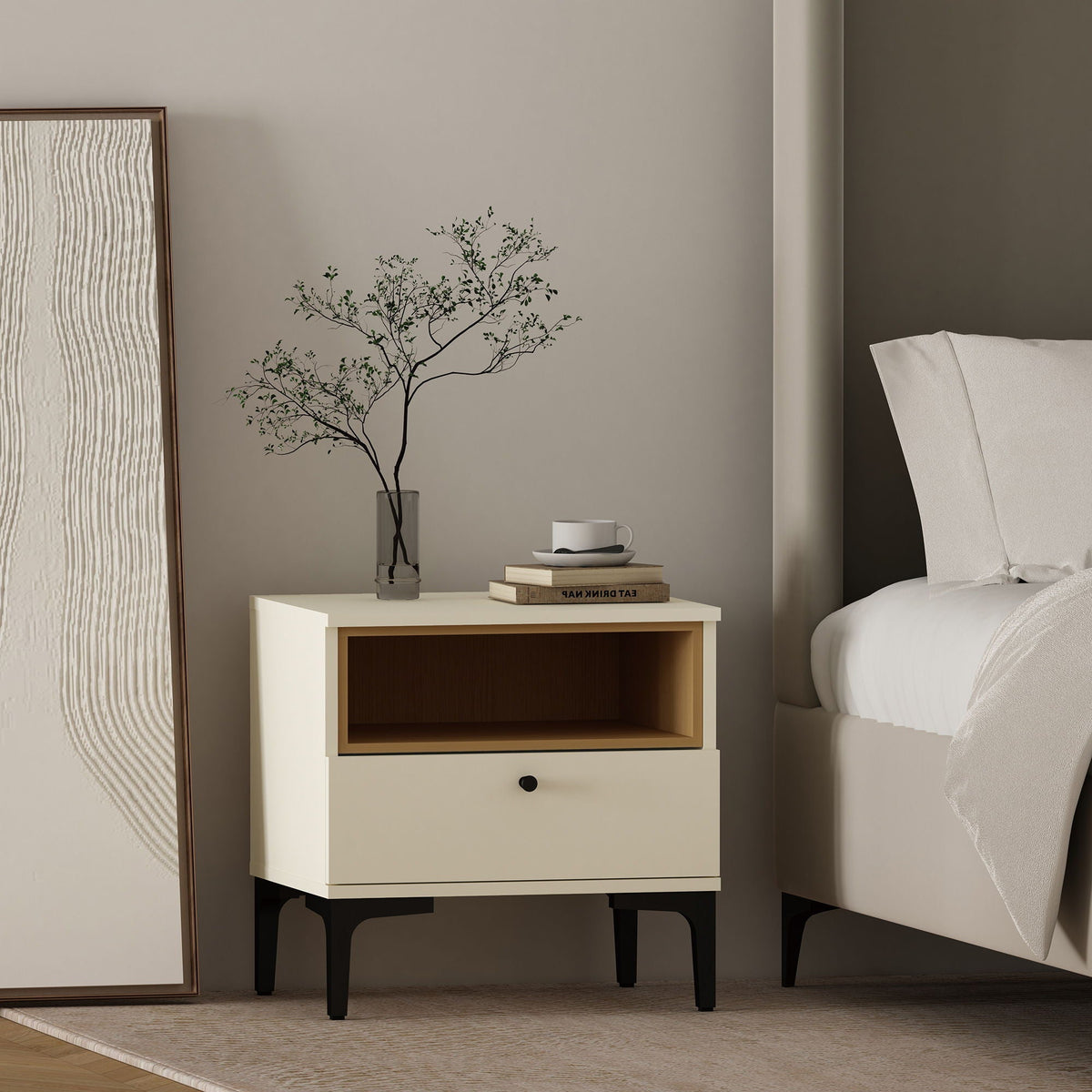 Amara nightstand with 1 drawer and metal legs in beige finish, accent nightstand on Tampa Home & Garden Store