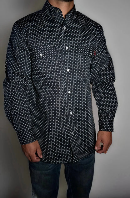 FR Pearl Snap Work Shirt Reaper Black Static FR with pearl snaps and white cross print on Tampa Home & Garden Store