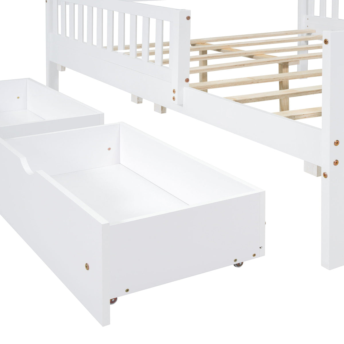 White platform bed with guardrails on both sides, wooden slat deck, and 2 storage drawers on Tampa Home & Garden Store