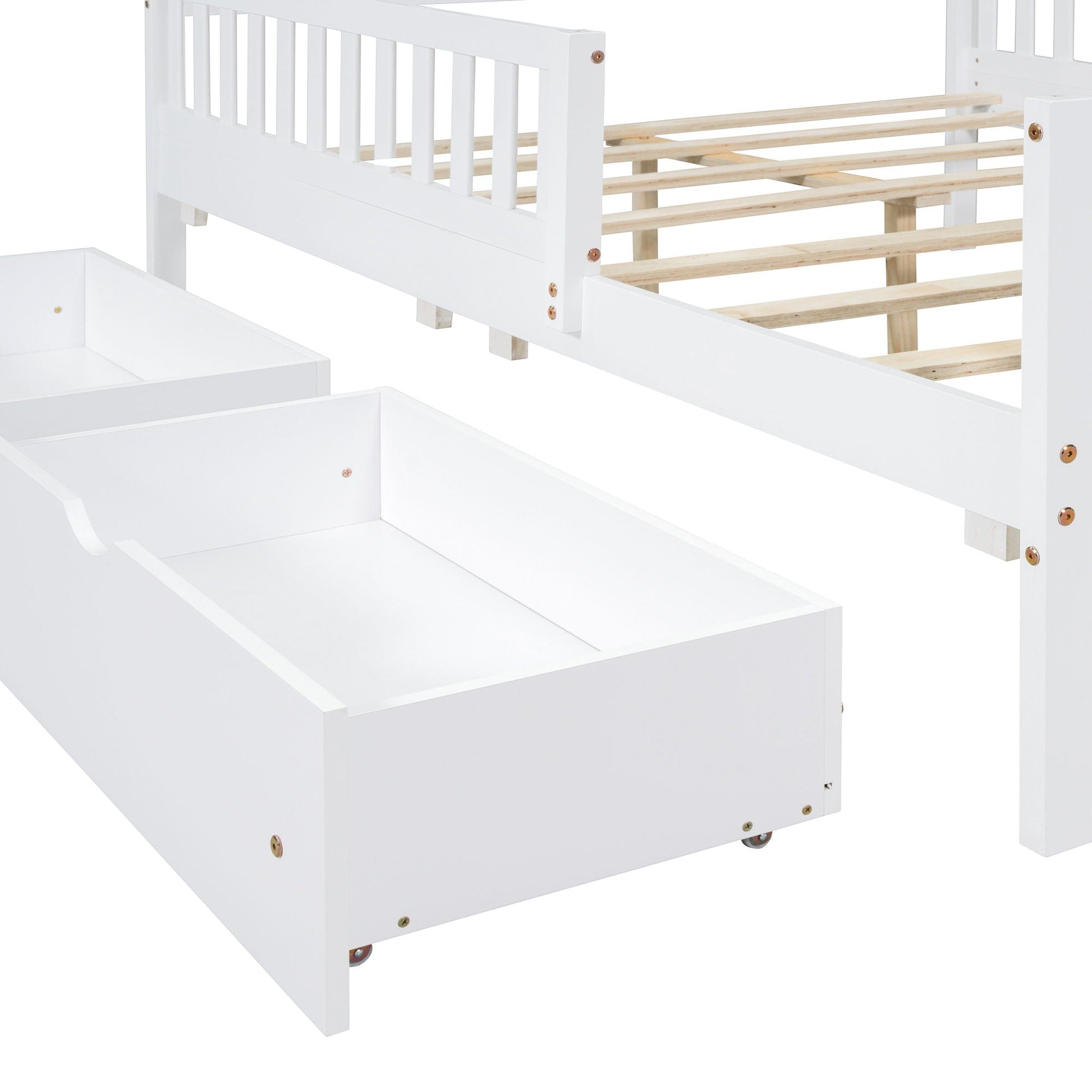 White platform bed with guardrails on both sides, wooden slat deck, and 2 storage drawers on Tampa Home & Garden Store
