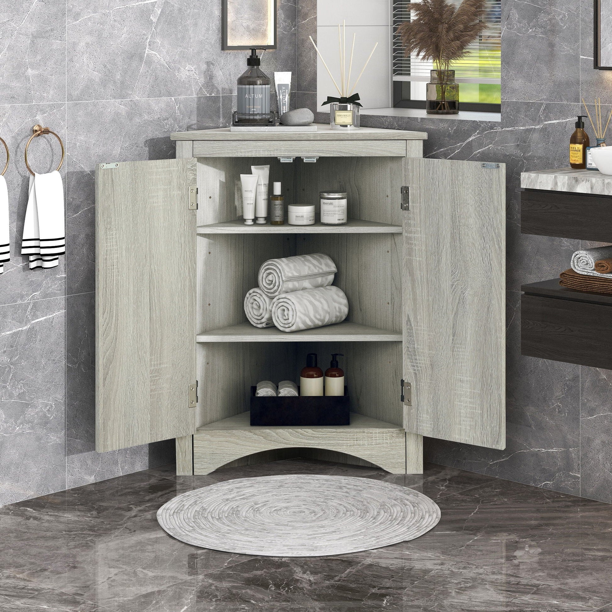 Triangle bathroom storage cabinet by HouseOfZazla with adjustable shelves gray wood finish on Tampa Home & Garden Store