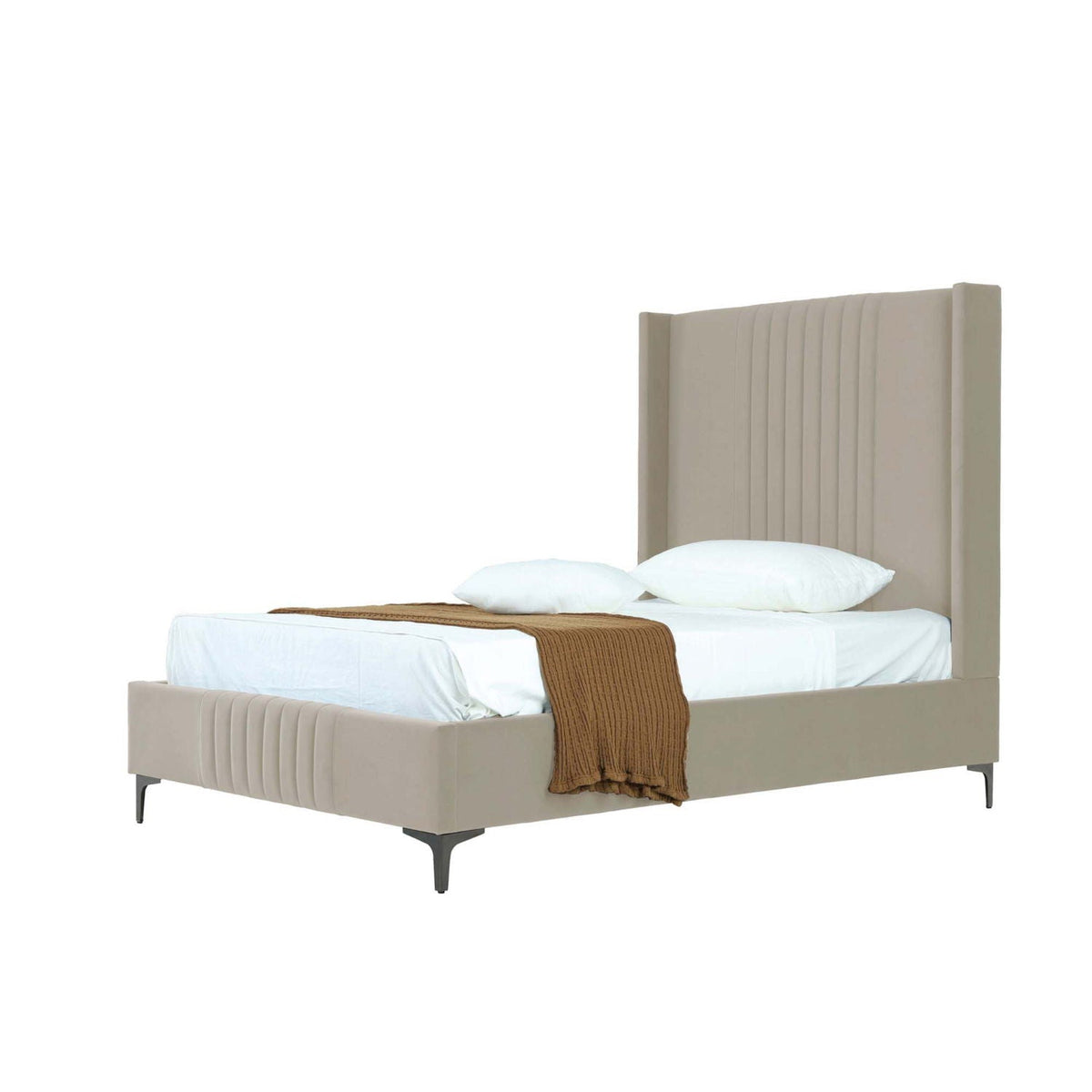 Promenade beige upholstered bed with tall channel-tufted headboard and slats by HouseOfZazla on Tampa Home & Garden Store