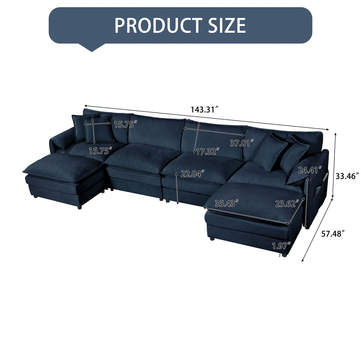 Comfy deep-seat modular sectional sofa cloud couch with ottoman navy fabric by HouseOfZazla on Tampa Home & Garden Store