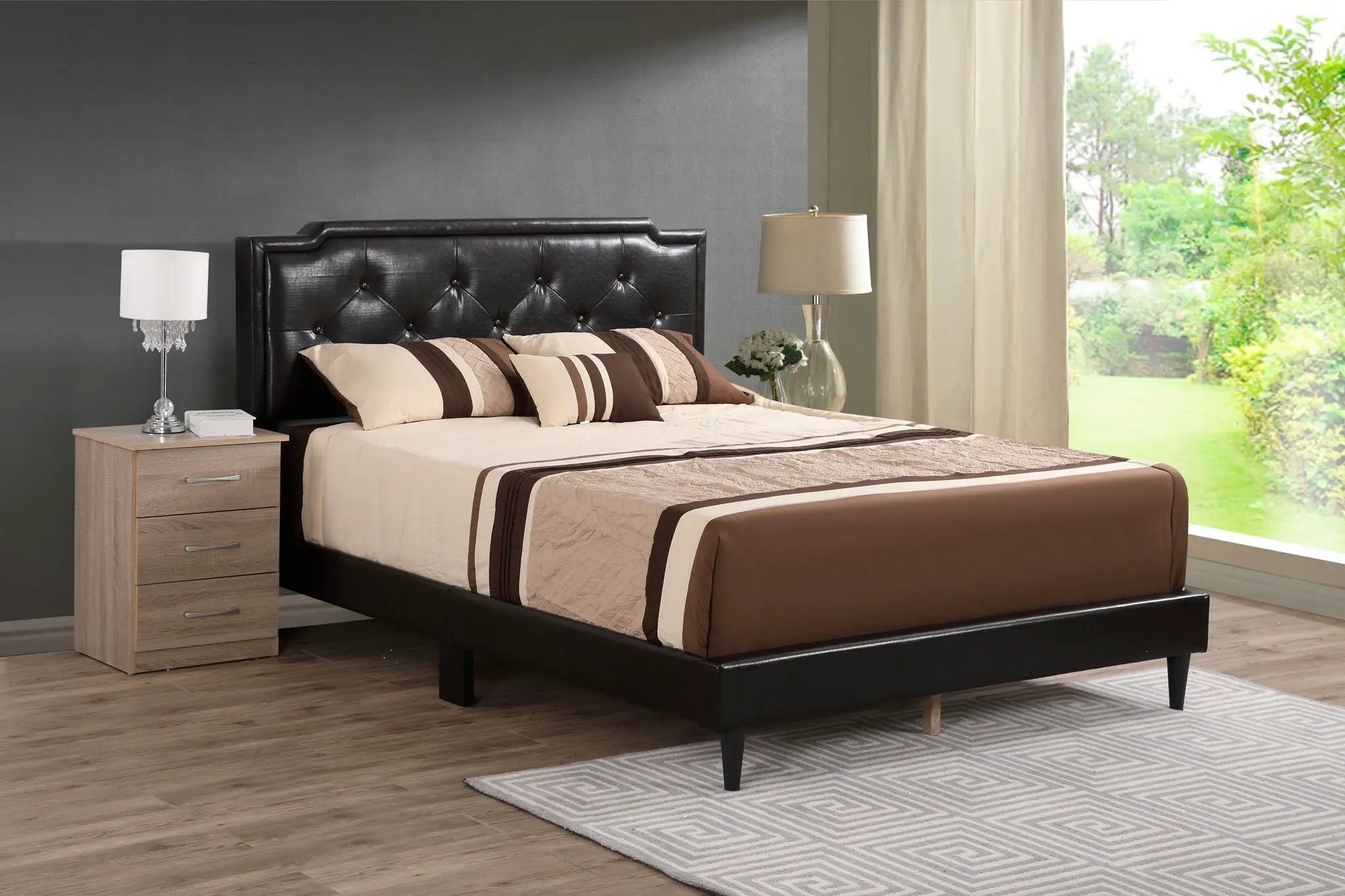 Button tufted upholstered bed in black faux leather with bedding Unique Piece Furniture on Tampa Home & Garden Store