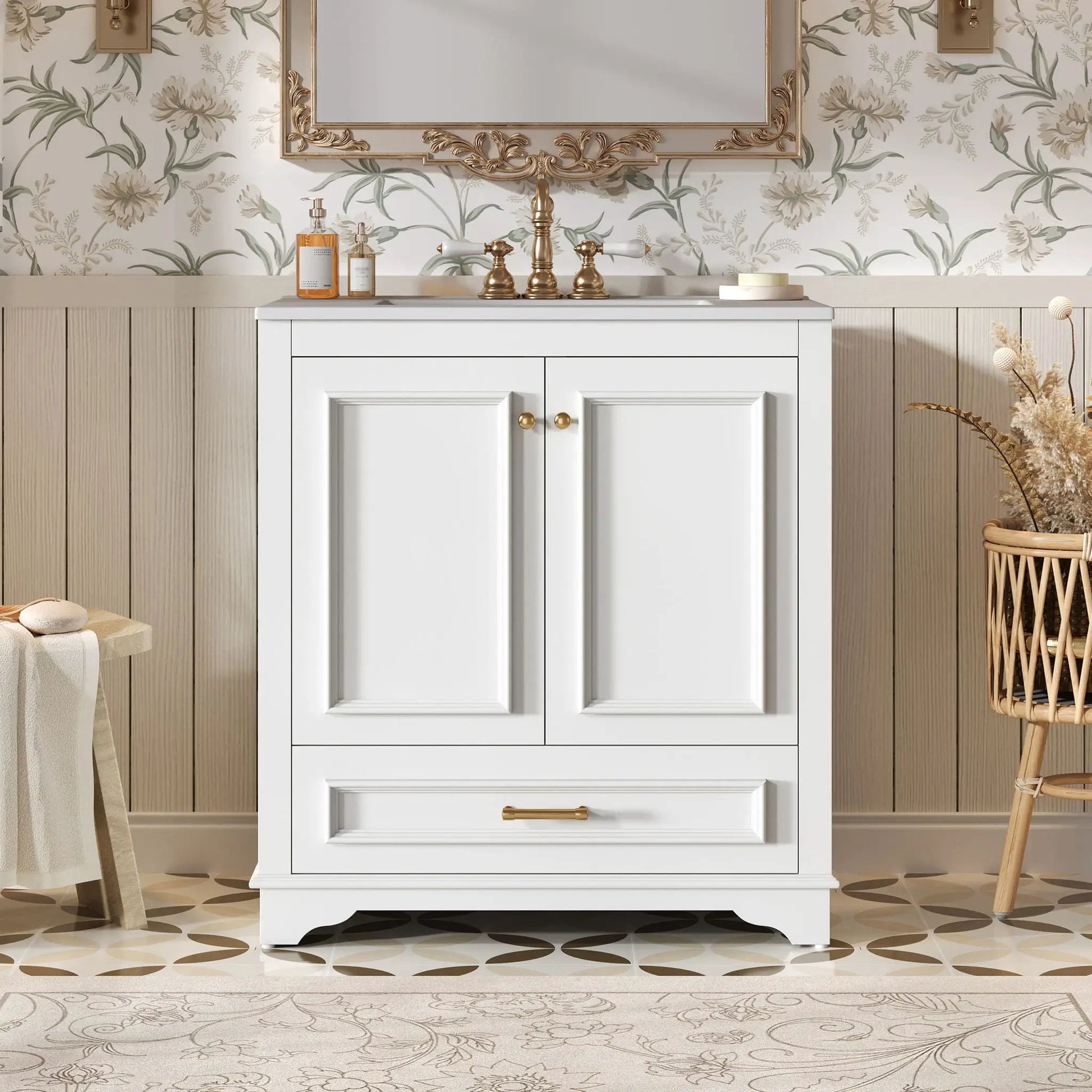 Bathroom vanity with sink, white, brass faucet, 2 soft-closing doors, adjustable shelf on Tampa Home & Garden Store