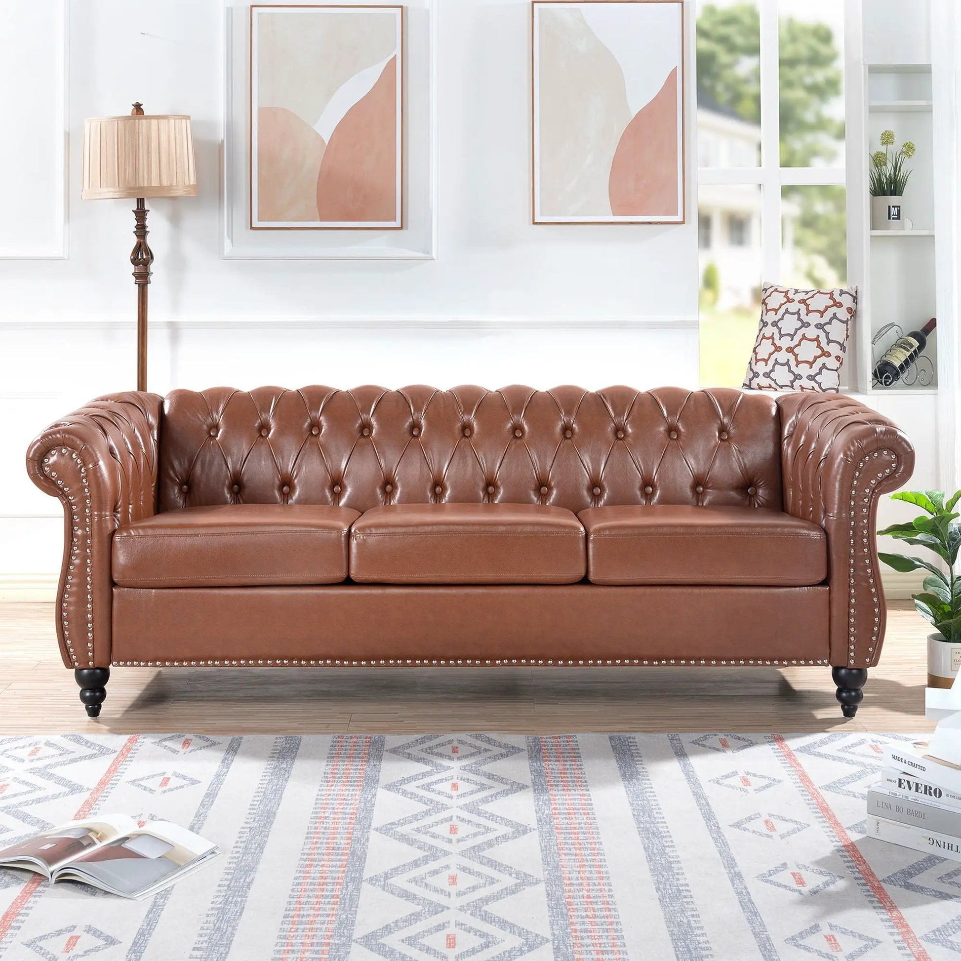 Rolled Arm Chesterfield 3 Seater brown leather with tufted cushions Unique Piece Furniture on Tampa Home & Garden Store
