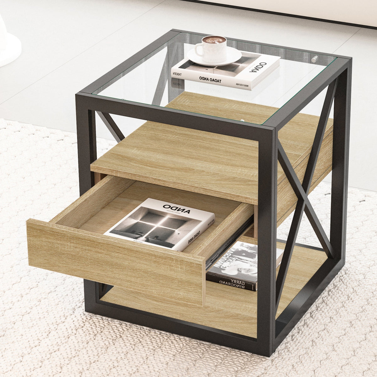 End table with tempered glass top, natural wood drawer, black metal frame HouseOfZazla on Tampa Home & Garden Store