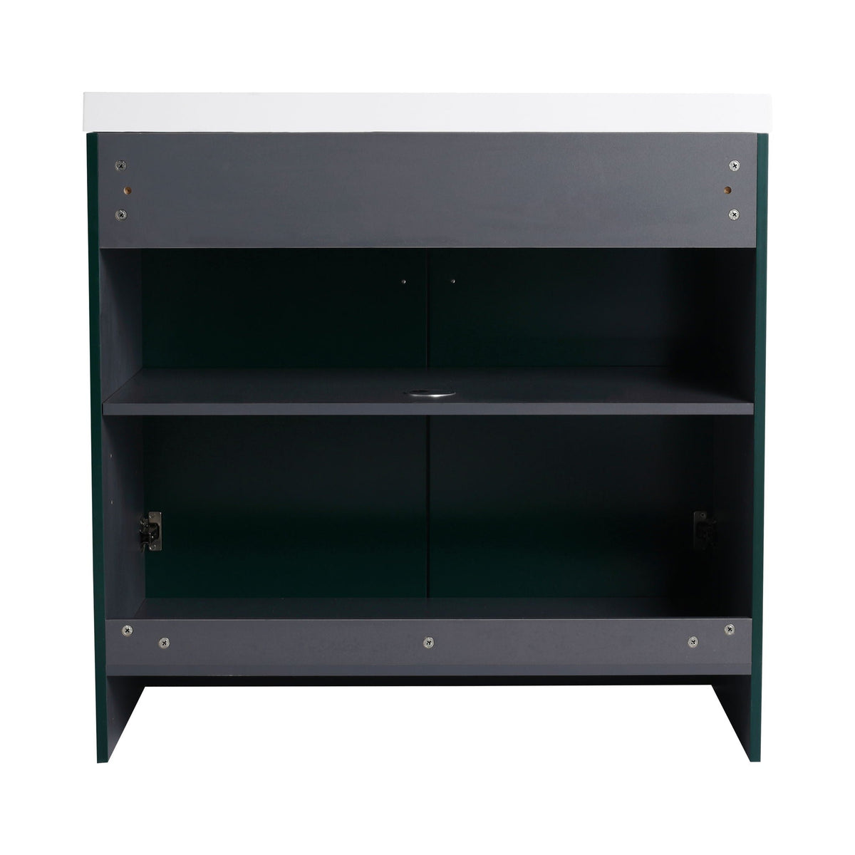Freestanding vanity interior: dark green exterior, gray panel, white top by HouseOfZazla on Tampa Home & Garden Store