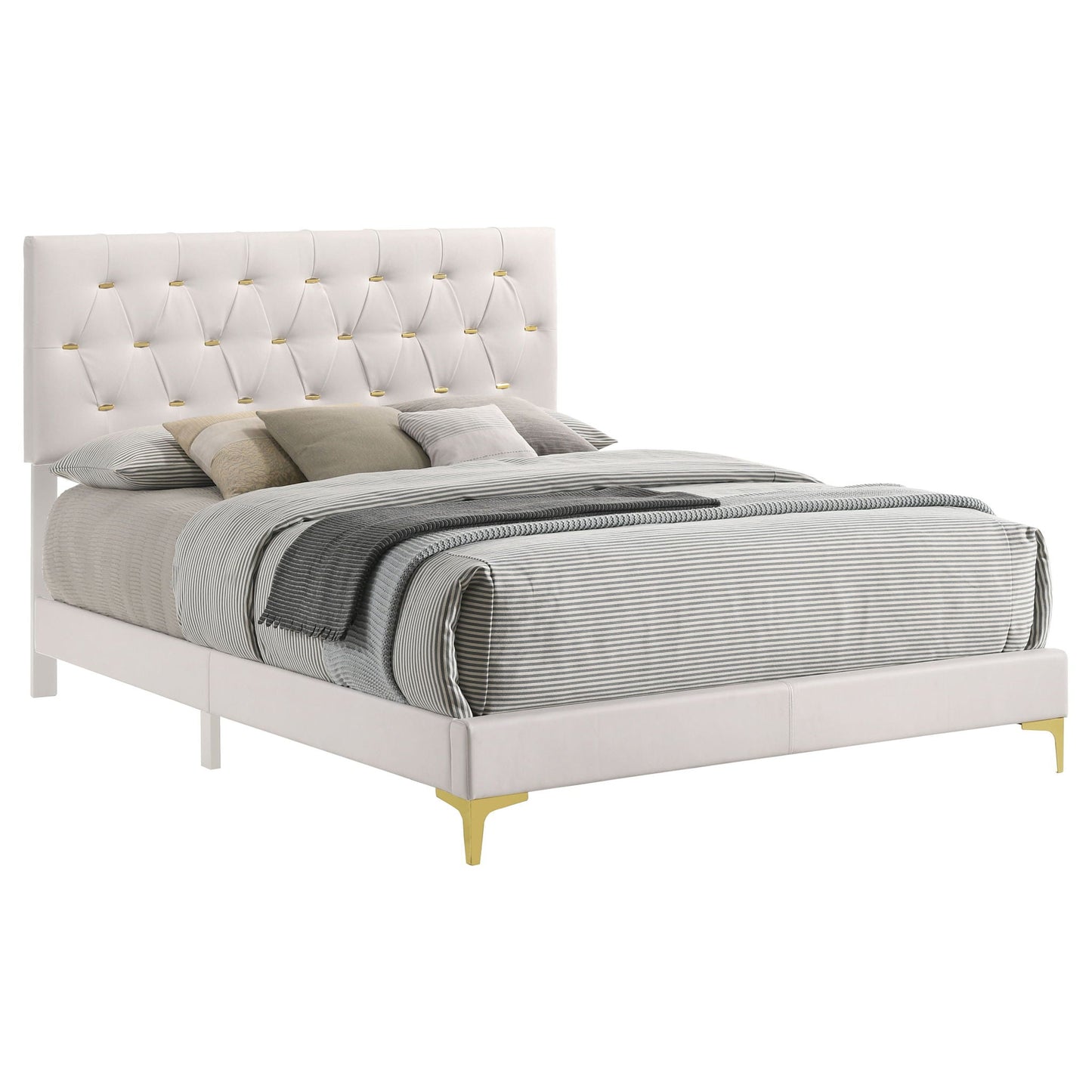 James - Panel Bed white upholstered bed with tufted headboard and gold legs HouseOfZazla on Tampa Home & Garden Store