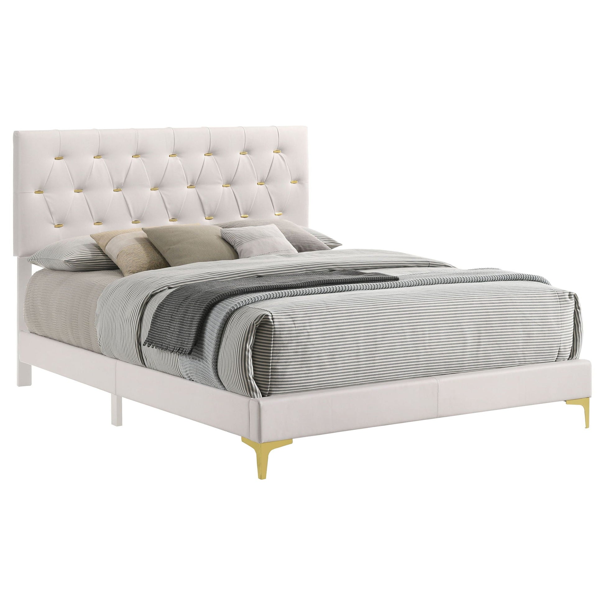 James - Panel Bed white upholstered bed with tufted headboard and gold legs HouseOfZazla on Tampa Home & Garden Store