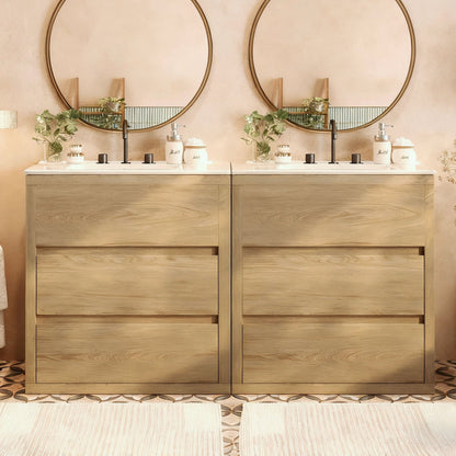 Wood Double Sink Vanity and Cabinet Set by HouseOfZazla, light oak finish, black faucets on Tampa Home & Garden Store