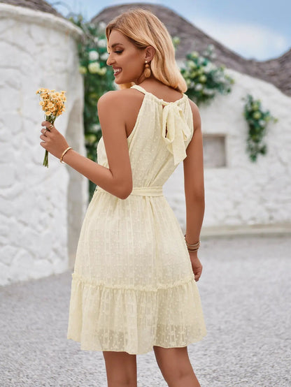 FLIPSTYLEZLLC solid cream halterneck dress with dotted texture and back-tie knee-length on Tampa Home & Garden Store