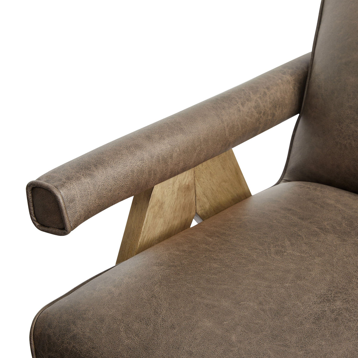 Nessi Arm Chair by HouseOfZazla, Solid Wood A-Frame, brown leather upholstery, curved armrest on Tampa Home & Garden Store