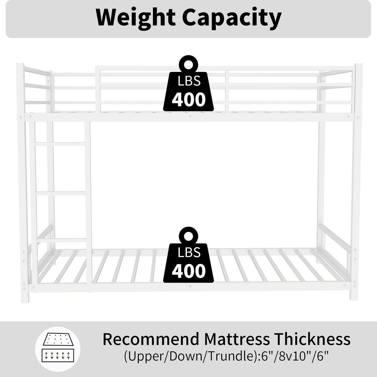 White bunk bed with safety guardrails and ladder, noise-reduction design, 400 lb capacity on Tampa Home & Garden Store