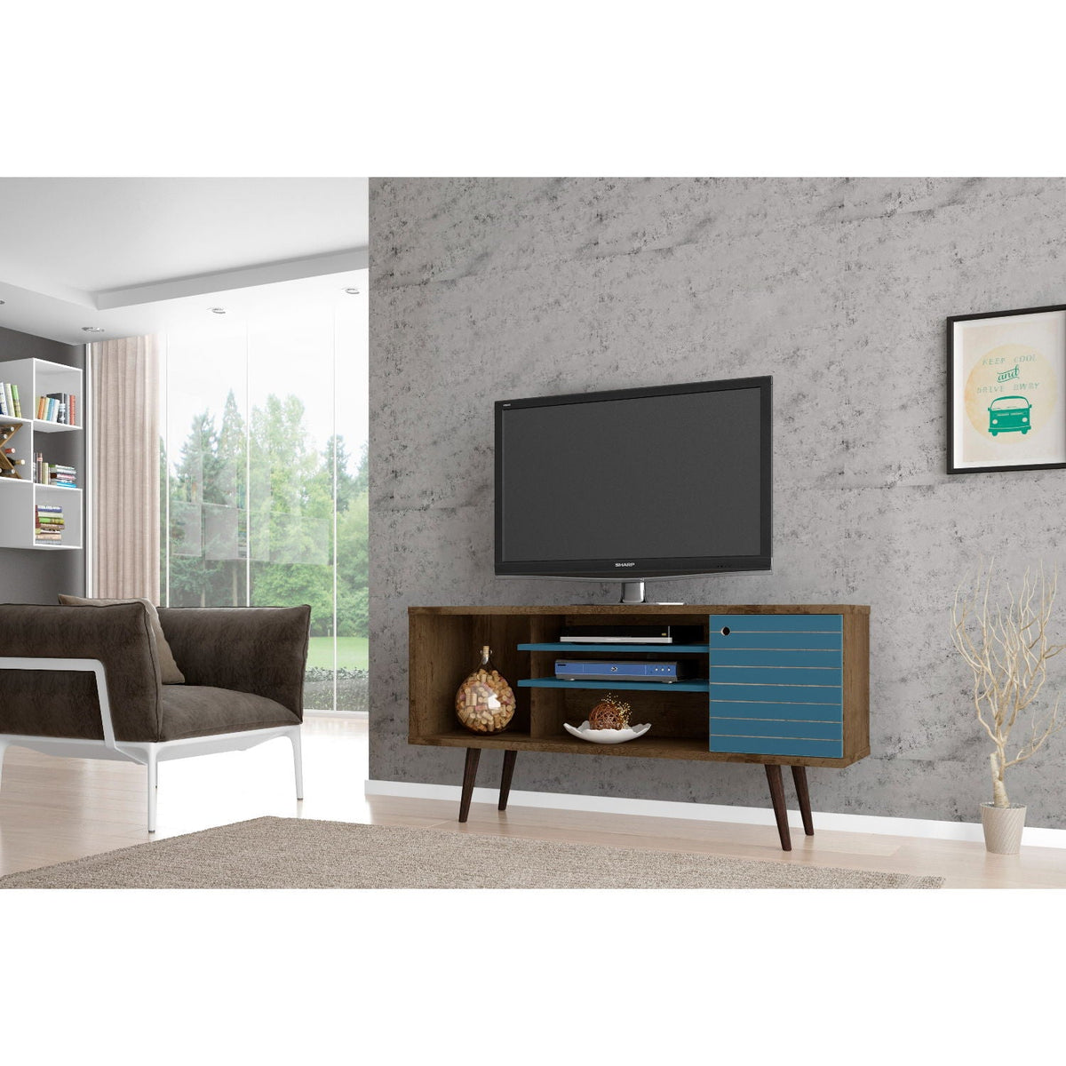 Free Standing Design TV Stand with Storage wooden console with blue drawers HouseOfZazla on Tampa Home & Garden Store
