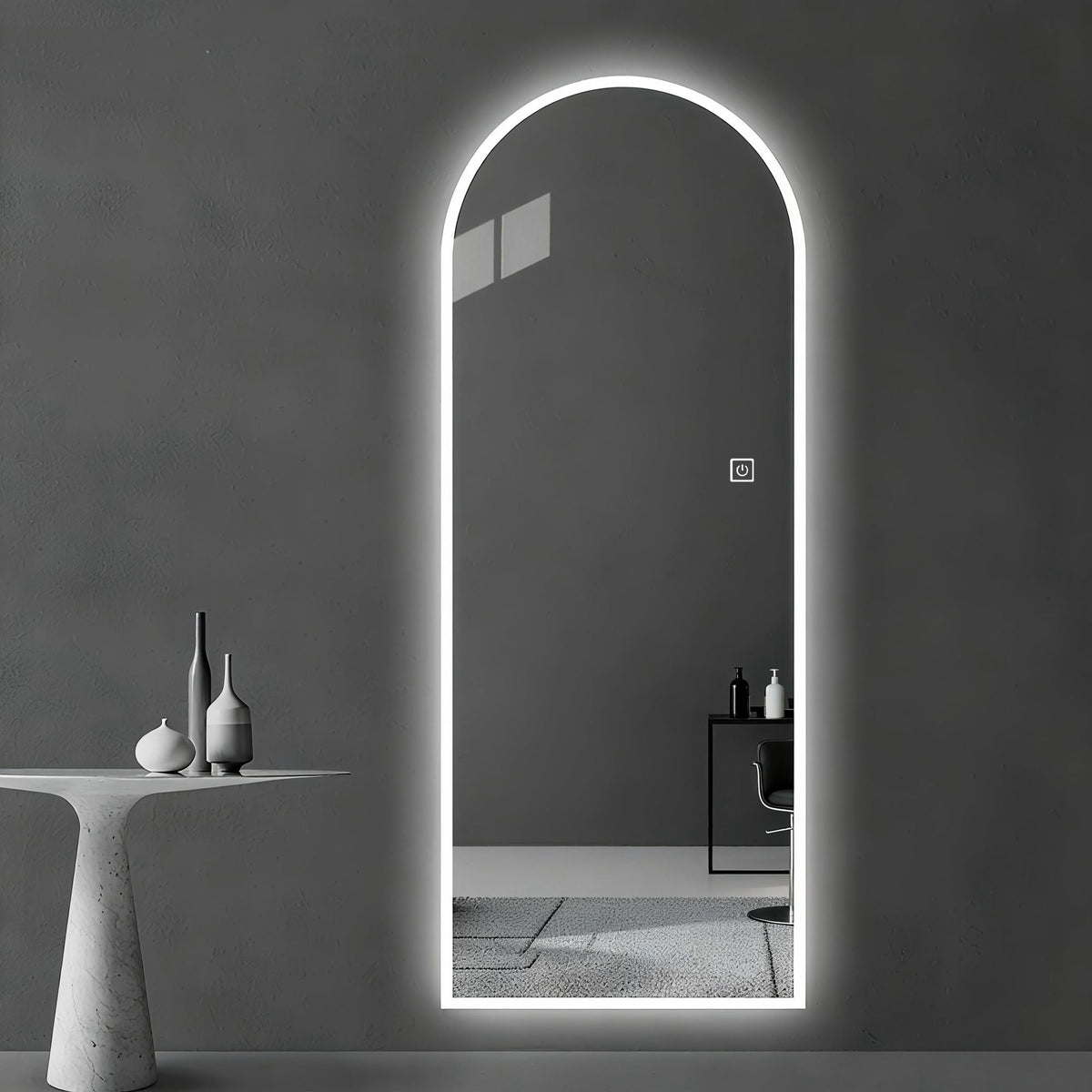 LED full-length wall mirror with symmetrical arch and dimmable lighting in silver on Tampa Home & Garden Store