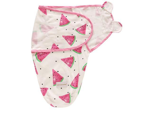 Baby swaddle blanket with cap by Stevvex, white fabric with pink watermelon slices and pink trim on Tampa Home & Garden Store