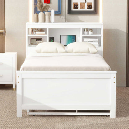 Platform bed with storage headboard by HouseOfZazla with USB, trundle and 3 drawers, white on Tampa Home & Garden Store