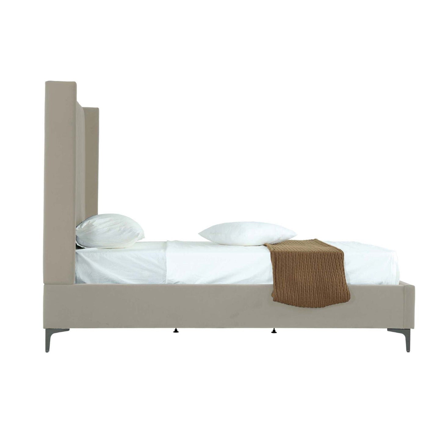 Promenade bed with tall taupe upholstered headboard and slats, brown throw HouseOfZazla on Tampa Home & Garden Store