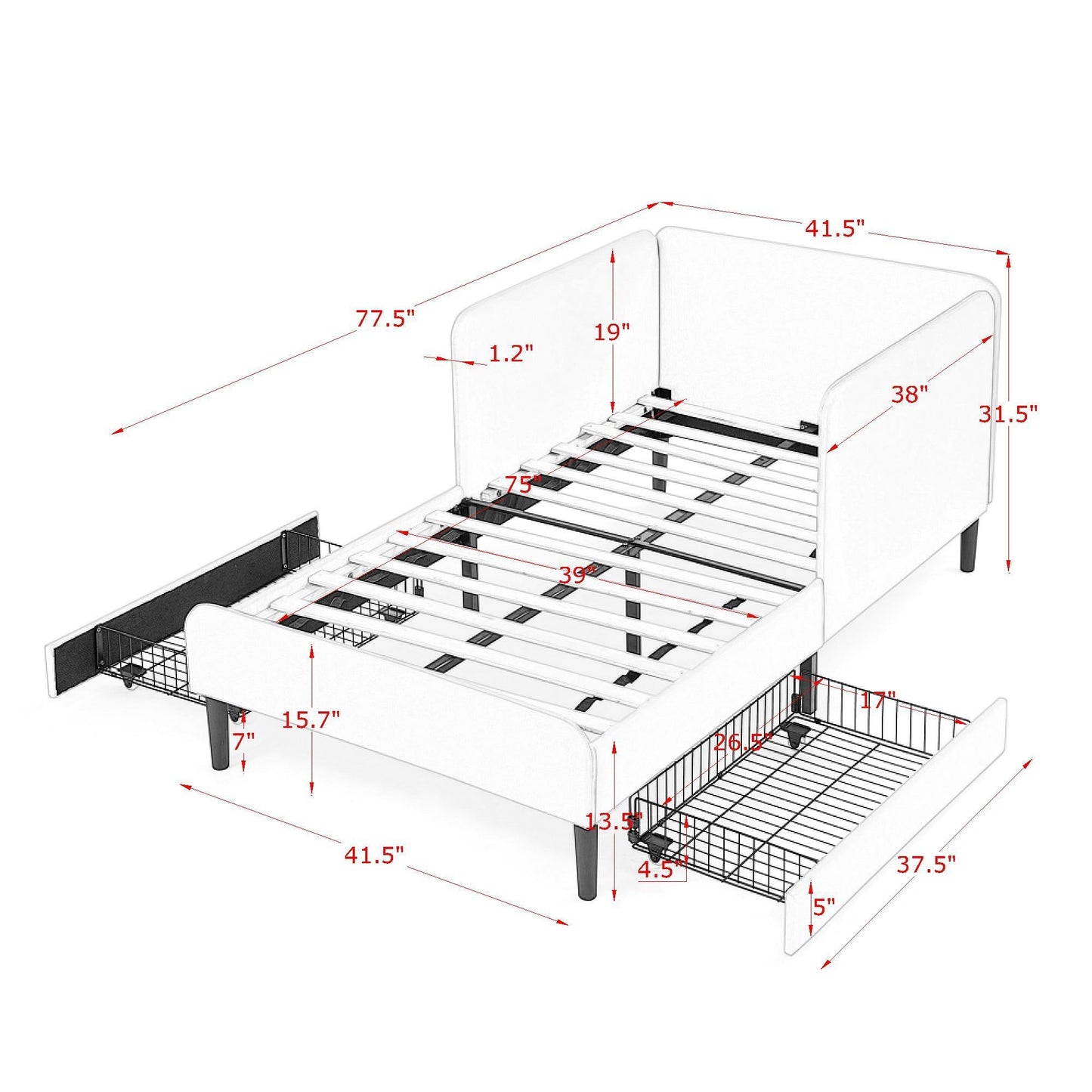 Upholstered Platform Sofa Bed with Drawers