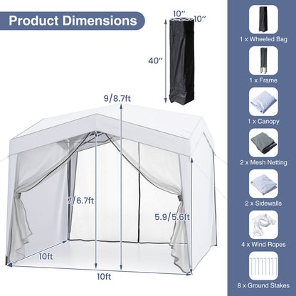 GemGear pop-up canopy tent in white with 4 sidewalls, mesh netting, and wheeled bag on Tampa Home & Garden Store