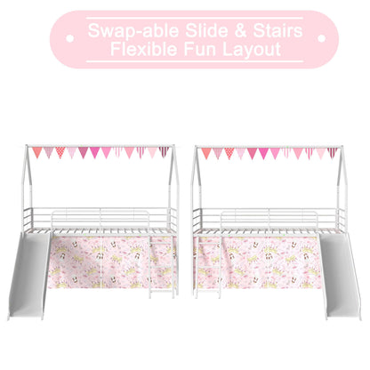 Jack - House Loft Bed With Slide And Curtain Set, pink bunting curtains, metal frame, two units on Tampa Home & Garden Store