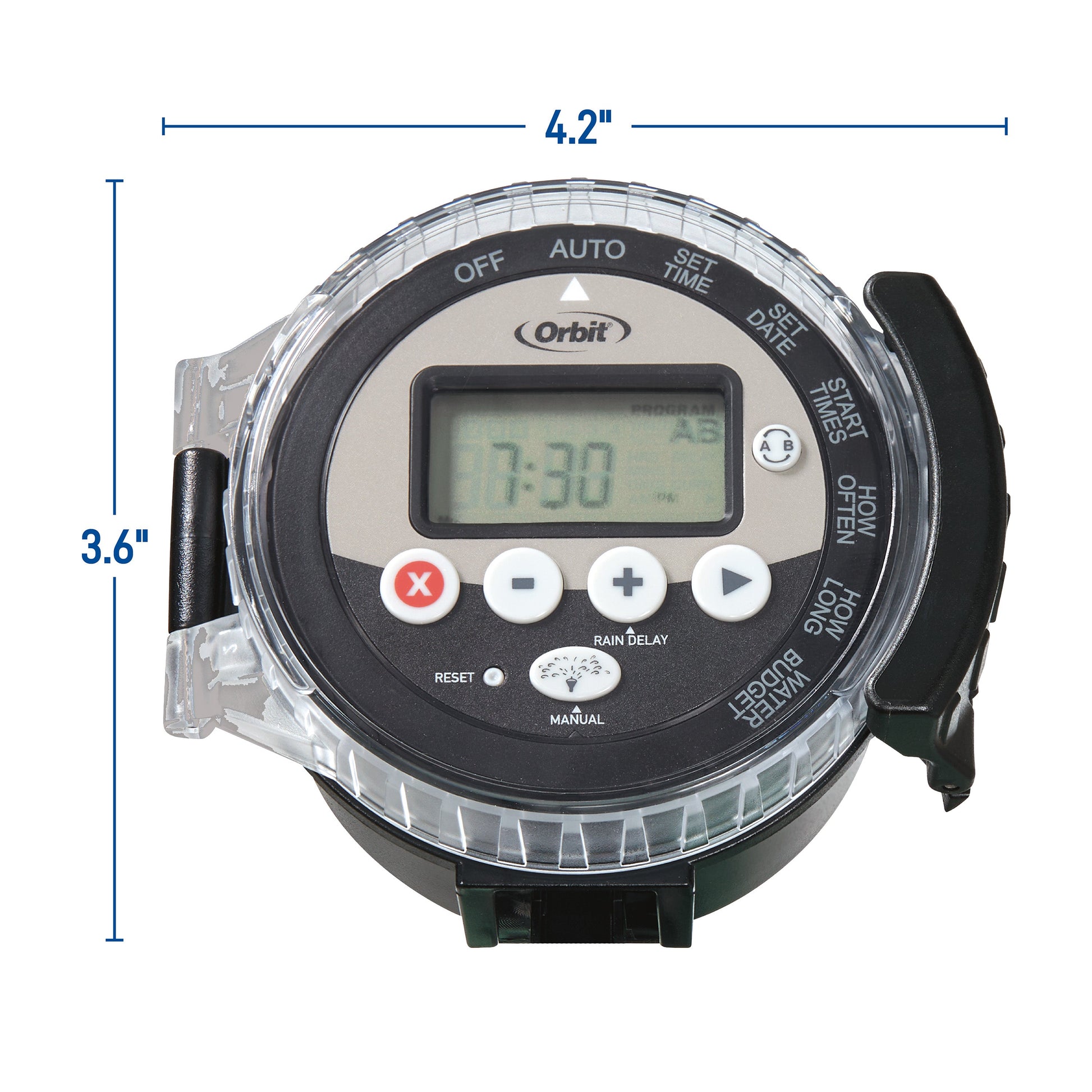 Battery-Powered Sprinkler Controller by Orbit Irrigation, black/gray with clear housing on Tampa Home & Garden Store