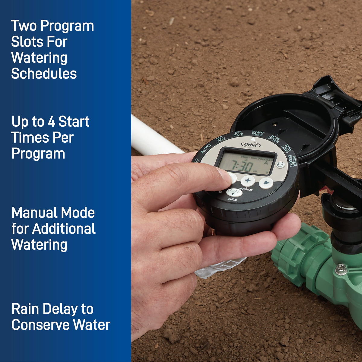 Orbit Battery-Powered Sprinkler Controller timer with LCD display and dial being adjusted on Tampa Home & Garden Store