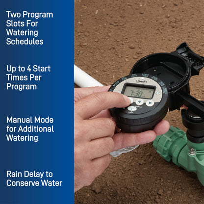Orbit Battery-Powered Sprinkler Controller timer with LCD display and dial being adjusted on Tampa Home & Garden Store
