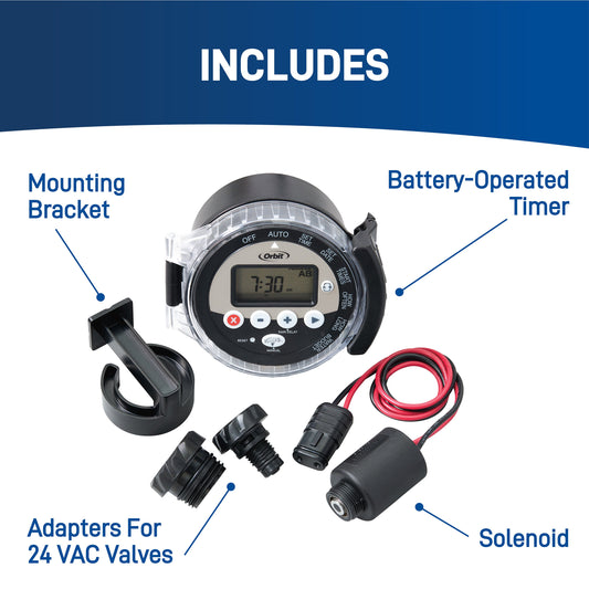 Orbit Battery-Powered Sprinkler Controller 57865 with timer and mounting bracket on Tampa Home & Garden Store