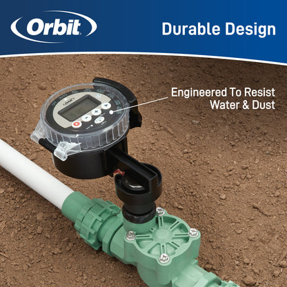 Orbit Battery-Powered Sprinkler Controller with display mounted on irrigation valve in soil on Tampa Home & Garden Store