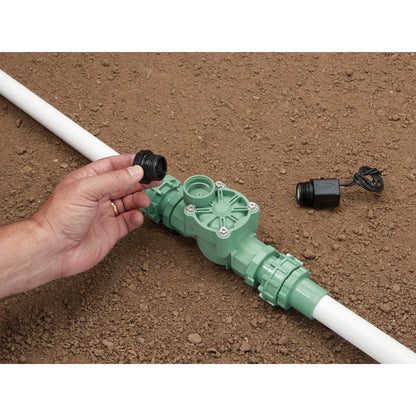 Battery-Powered Sprinkler Controller parts; green valve, white PVC pipe Orbit Irrigation on Tampa Home & Garden Store