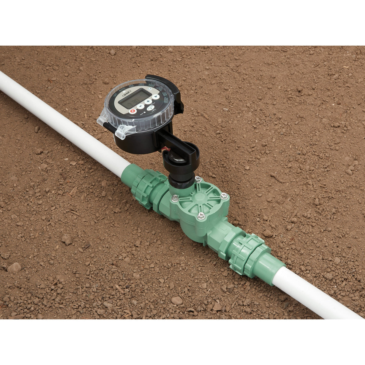 Battery-Powered Sprinkler Controller by Orbit Irrigation with digital display on irrigation line on Tampa Home & Garden Store