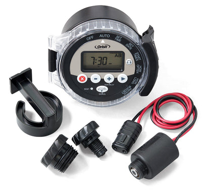 Orbit Battery-Powered Sprinkler Controller with digital display and mounting bracket on Tampa Home & Garden Store