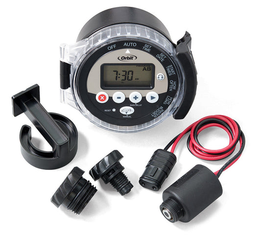 Orbit Battery-Powered Sprinkler Controller with digital display and mounting bracket on Tampa Home & Garden Store