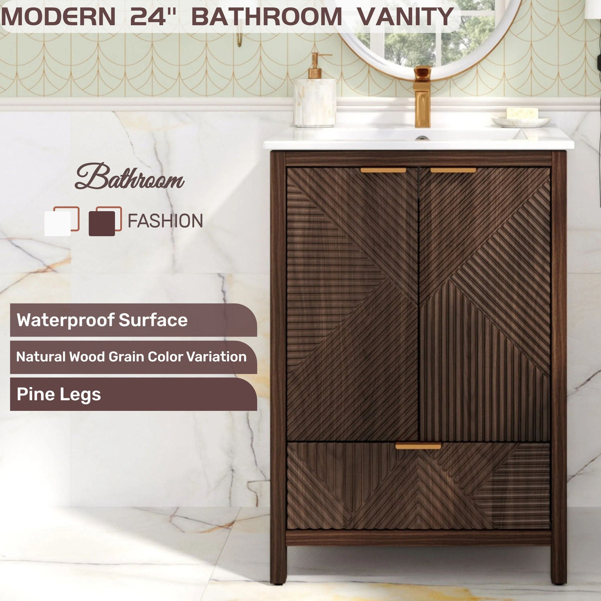 Modern 24in bathroom vanity with sink in dark brown wood, white countertop, brass faucet on Tampa Home & Garden Store