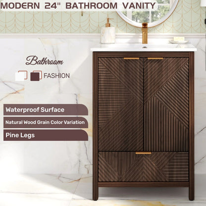 Modern 24in bathroom vanity with sink in dark brown wood, white countertop, brass faucet on Tampa Home & Garden Store