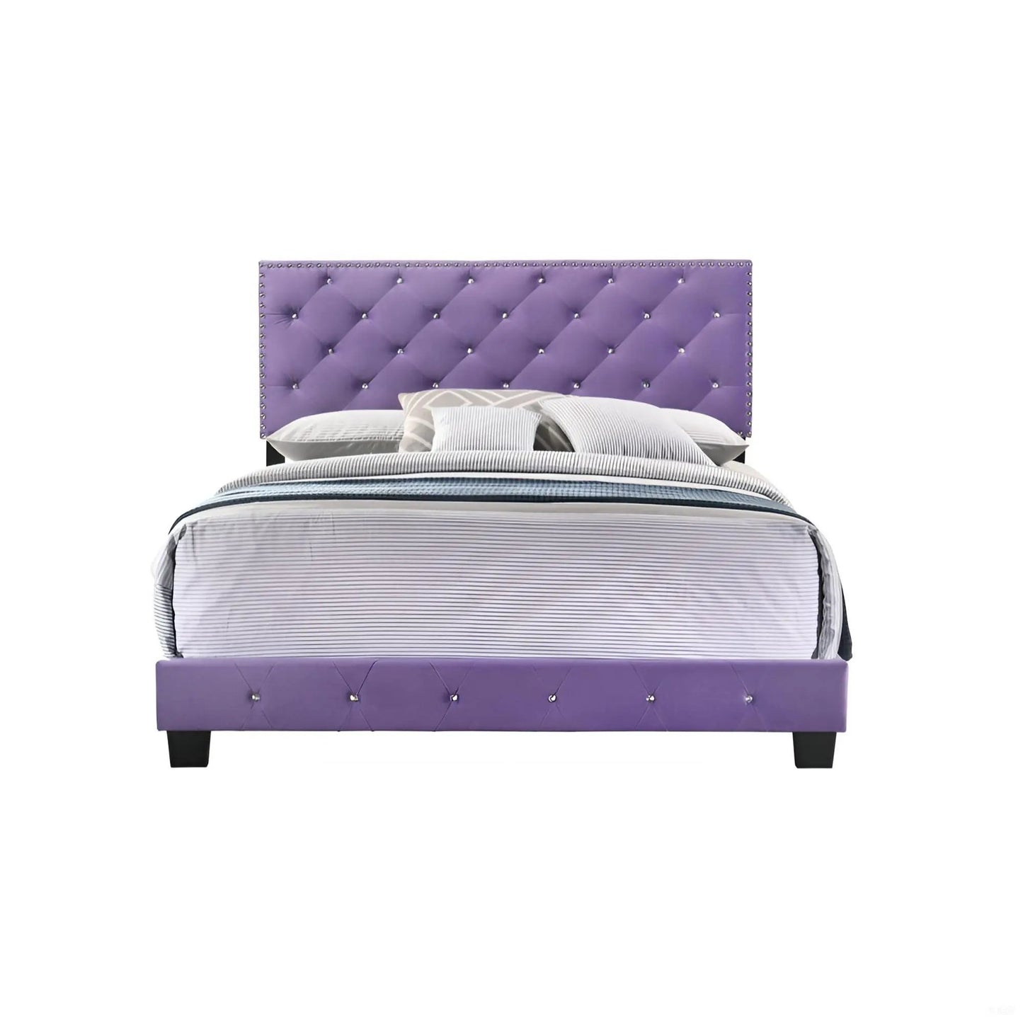 Luxurious upholstered bed with purple tufted headboard and nailhead trim; striped bedding on Tampa Home & Garden Store