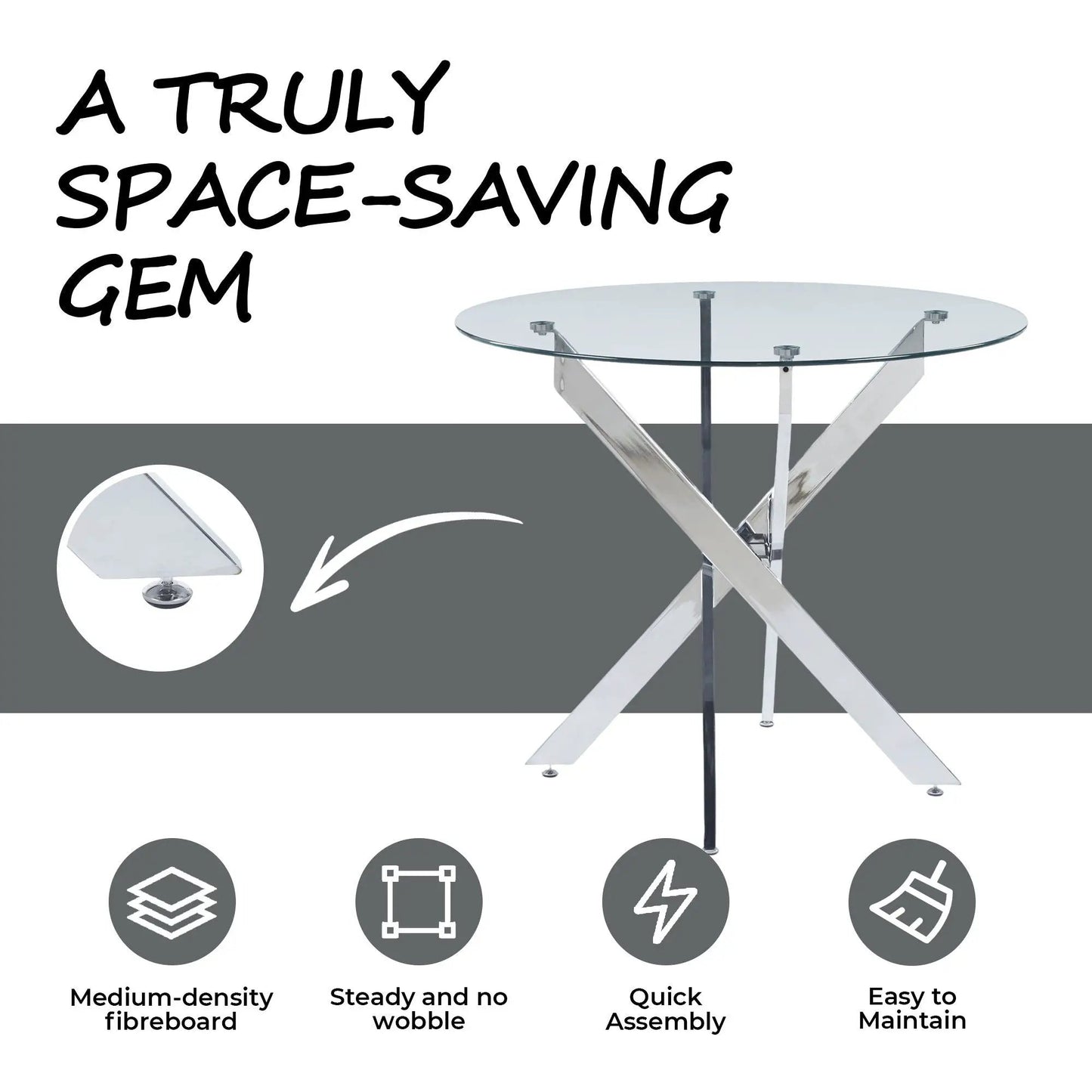 Dining table by Unique Piece Furniture with round tempered glass top and cross chrome legs on Tampa Home & Garden Store
