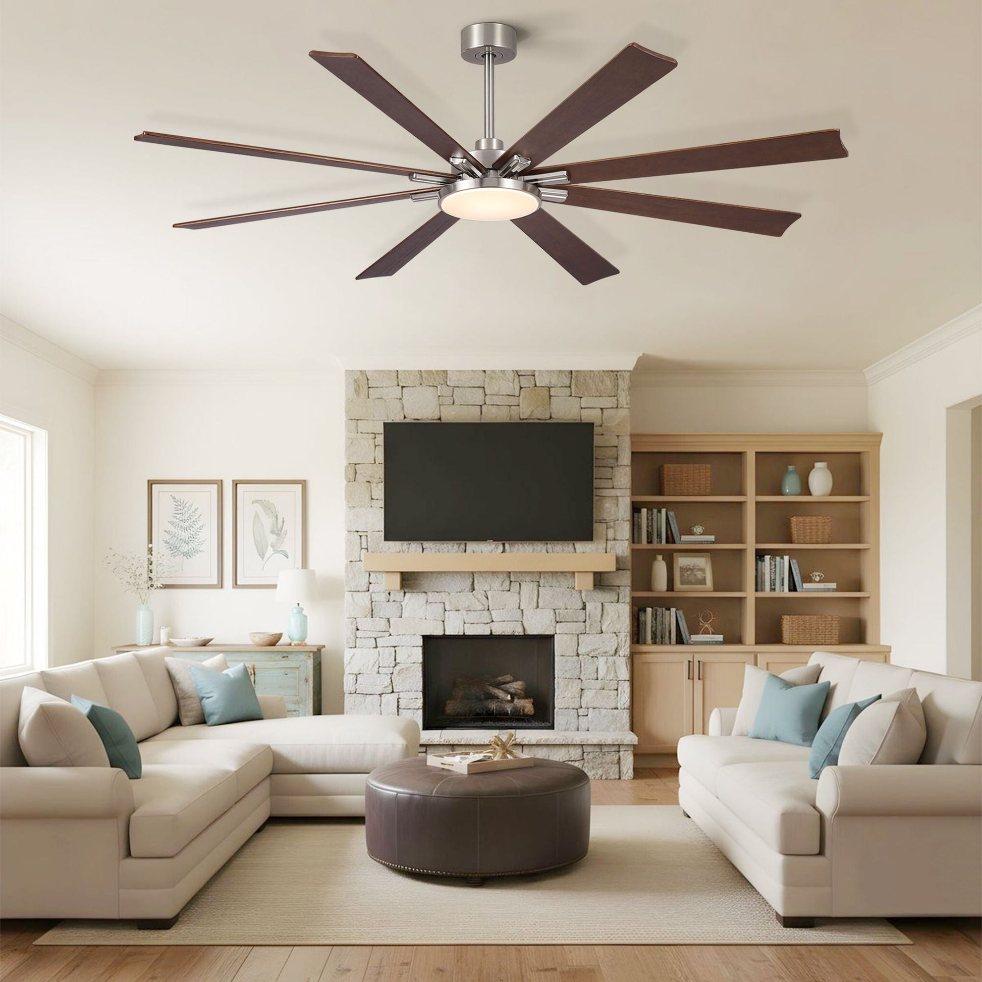 Large ceiling fan with dimmable LED light, 8 dark wood blades, DC motor, remote, HouseOfZazla on Tampa Home & Garden Store