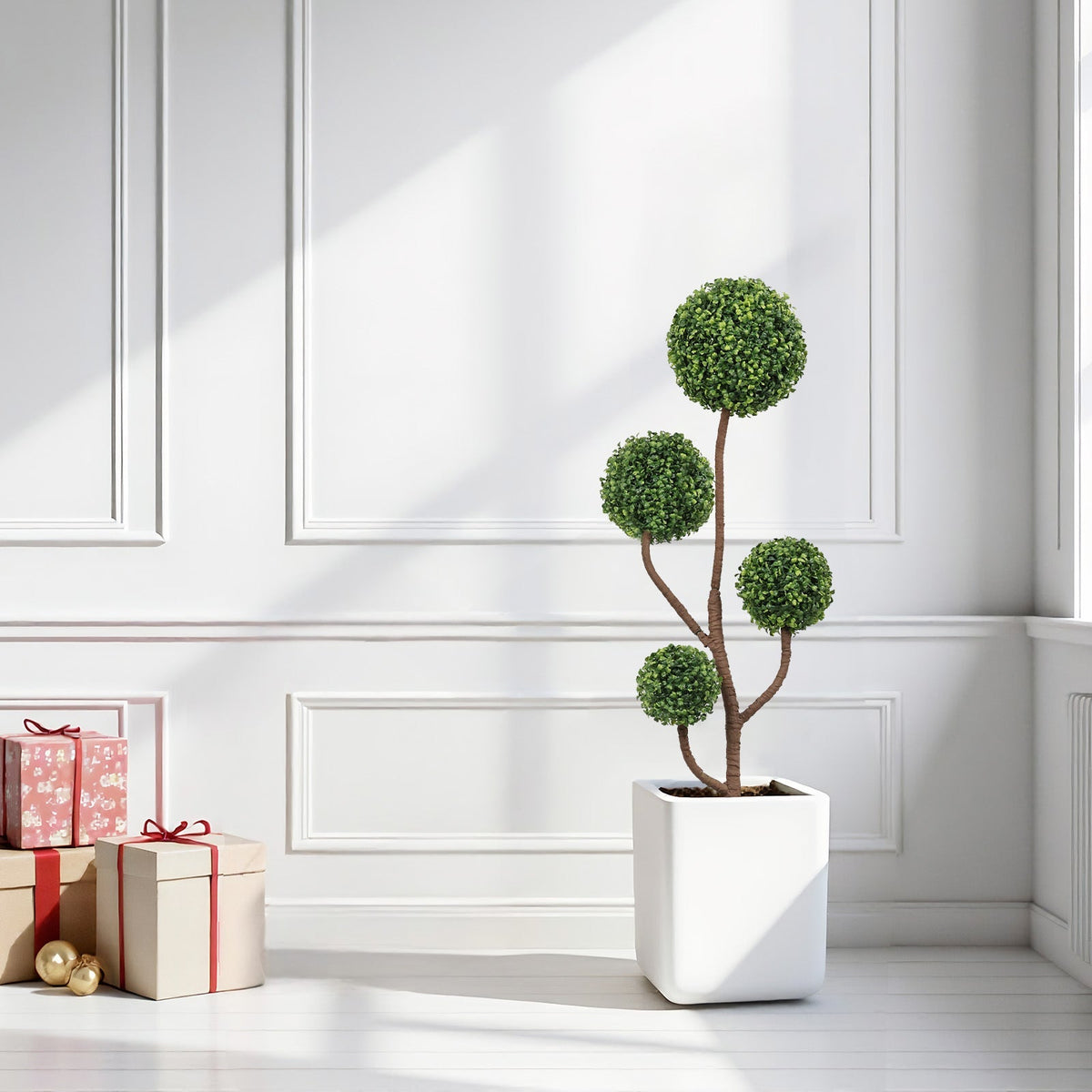 4ft Tall Artificial Boxwood Topiary Tree with green spheres on brown trunks in white planter on Tampa Home & Garden Store