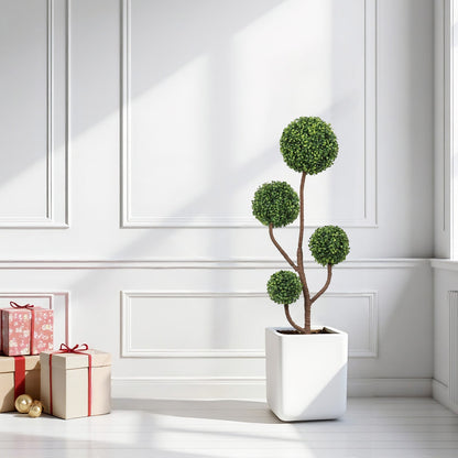 4ft Tall Artificial Boxwood Topiary Tree with green spheres on brown trunks in white planter on Tampa Home & Garden Store
