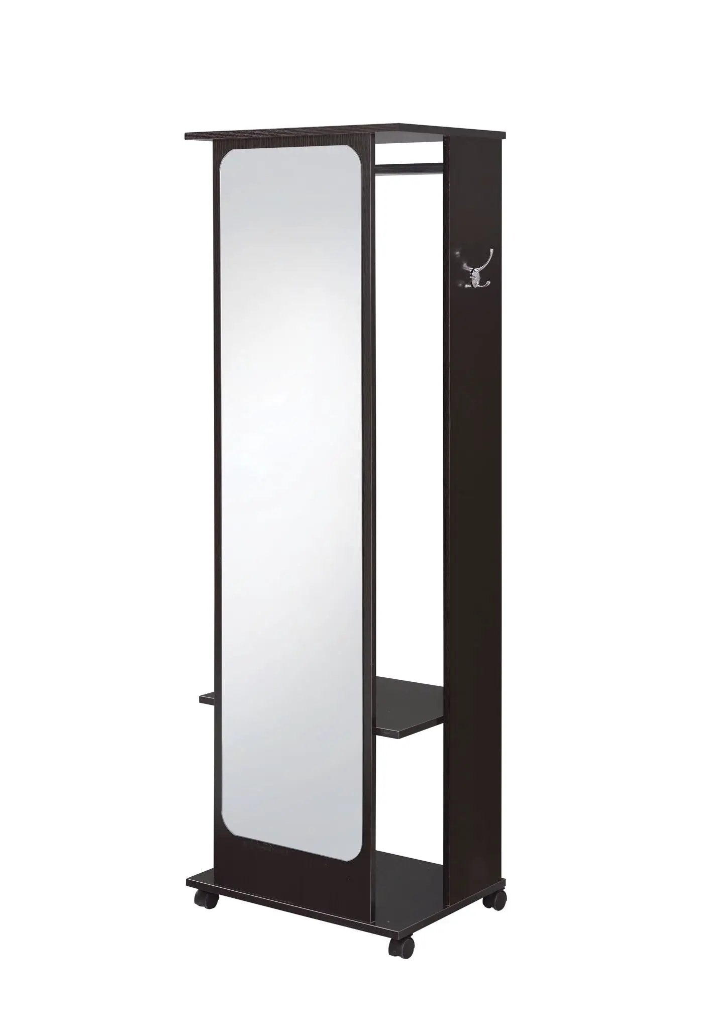 Kolen hall tree espresso finish with full-height mirror, hooks, shelf, and caster wheels on Tampa Home & Garden Store