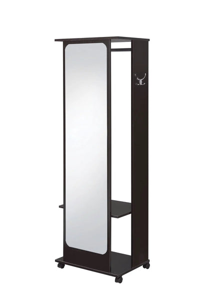 Kolen hall tree espresso finish with full-height mirror, hooks, shelf, and caster wheels on Tampa Home & Garden Store