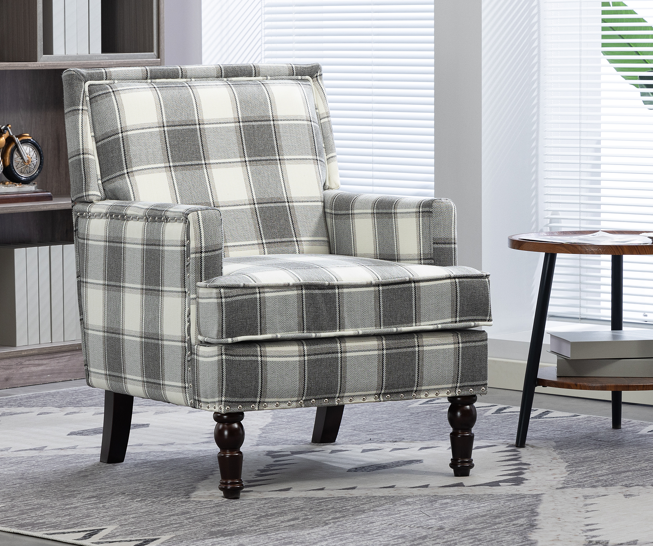 Upholstered Accent Chair gray plaid fabric, dark wood turned legs HouseOfZazla on Tampa Home & Garden Store