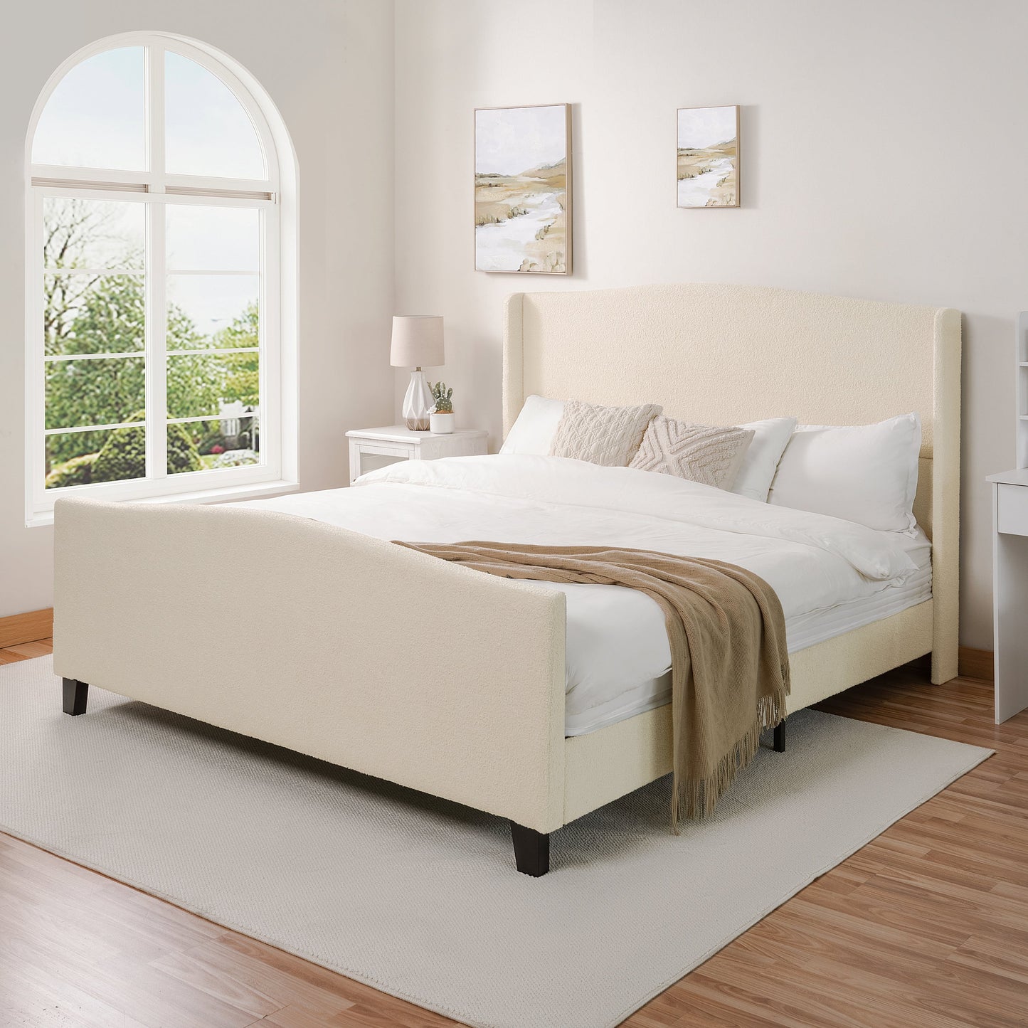 King Size Bed Frame with Teddy Velvet Headboard beige upholstery and black legs on Tampa Home & Garden Store