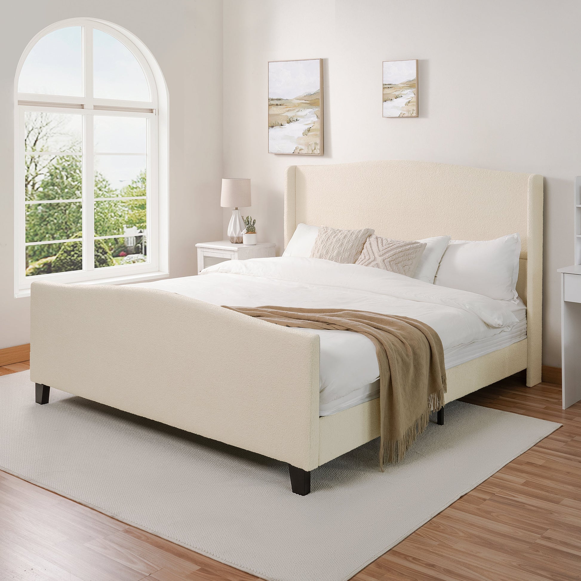 King Size Bed Frame with Teddy Velvet Headboard beige upholstery and black legs on Tampa Home & Garden Store