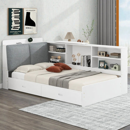 Platform bed with storage headboard, shelves and 2 drawers, white Unique Piece Furniture on Tampa Home & Garden Store