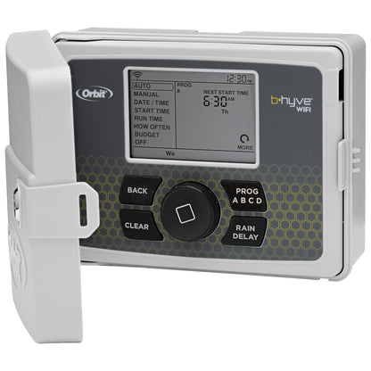 b-hyve WiFi 6-zone sprinkler controller by Orbit Irrigation, gray with digital display on Tampa Home & Garden Store