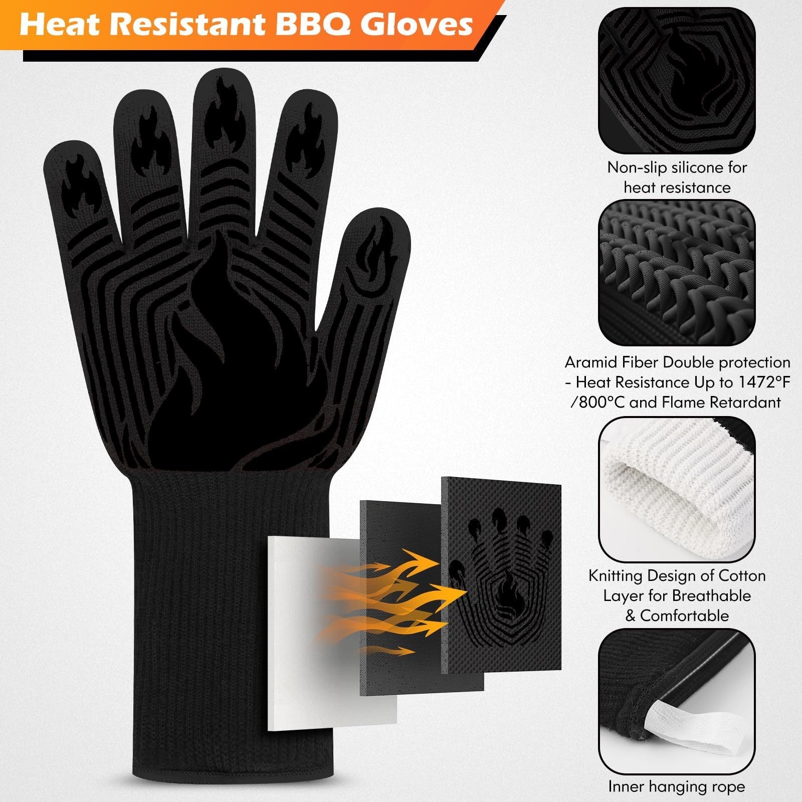 BBQ Gloves 1472°F heat resistant black aramid mitts with non-slip silicone grip on Tampa Home & Garden Store